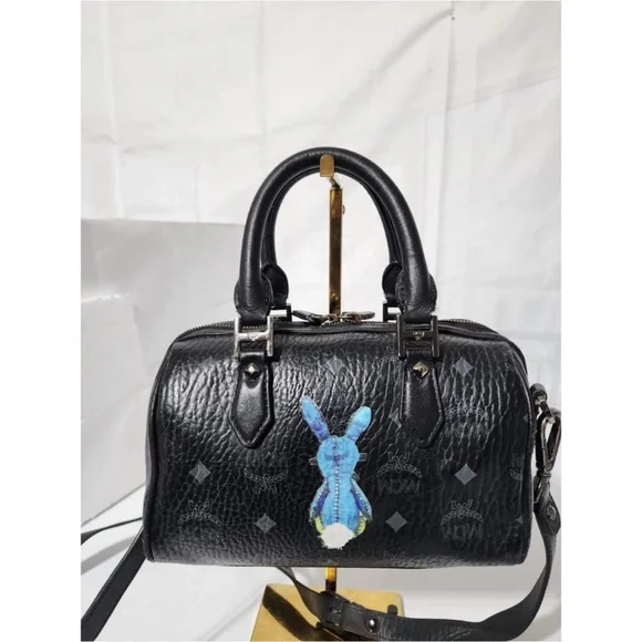Authentic MCM Visestos Rabbit Small Boston Satchel Bag Black